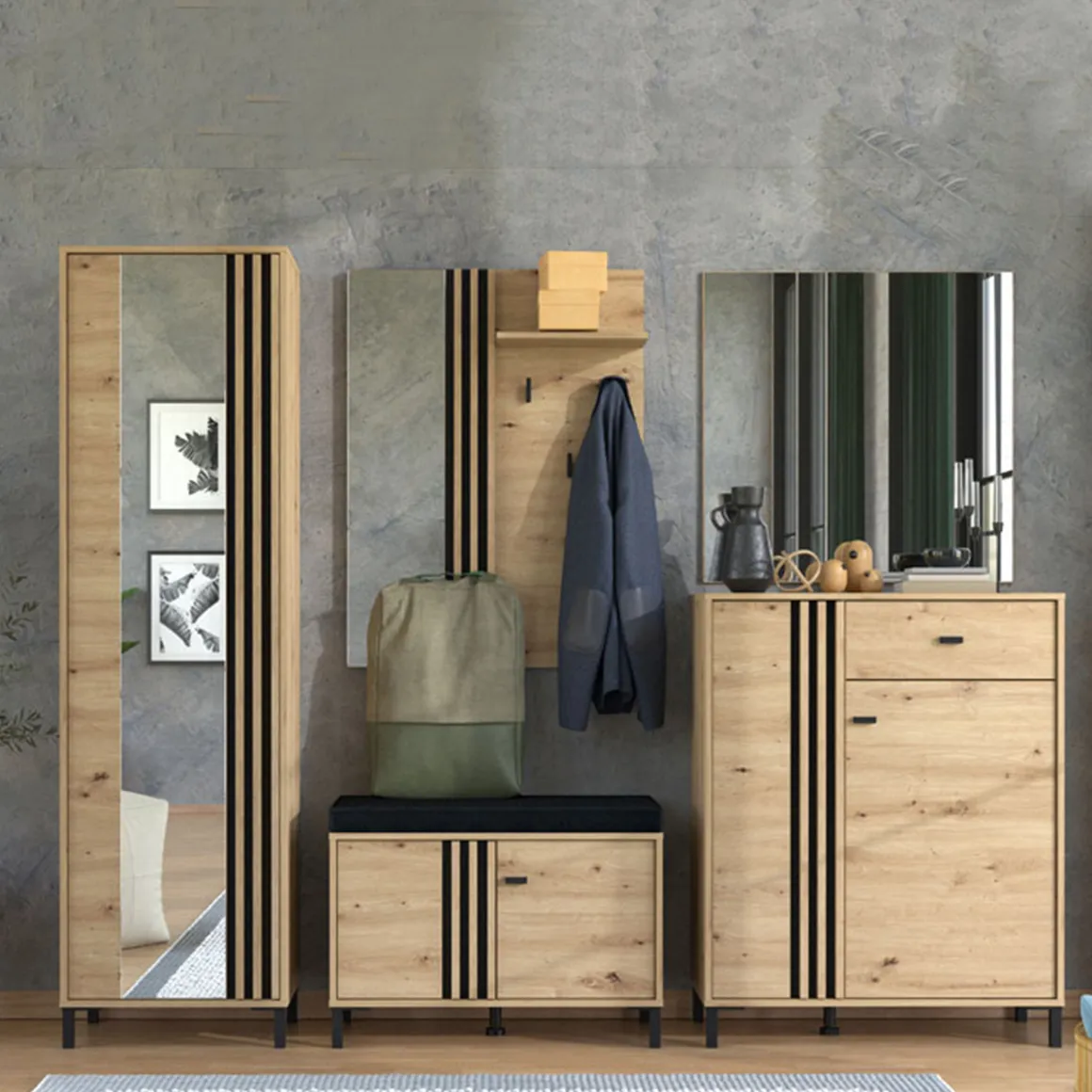 Mobile da Ingresso Marrone Rovere Nodi Nero un Cassetto 4 Ripiani 87x40x110h cm, 2 Ante - Hanga
