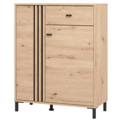 Mobile da Ingresso Marrone Rovere Nodi Nero un Cassetto 4 Ripiani 87x40x110h cm, 2 Ante - Hanga