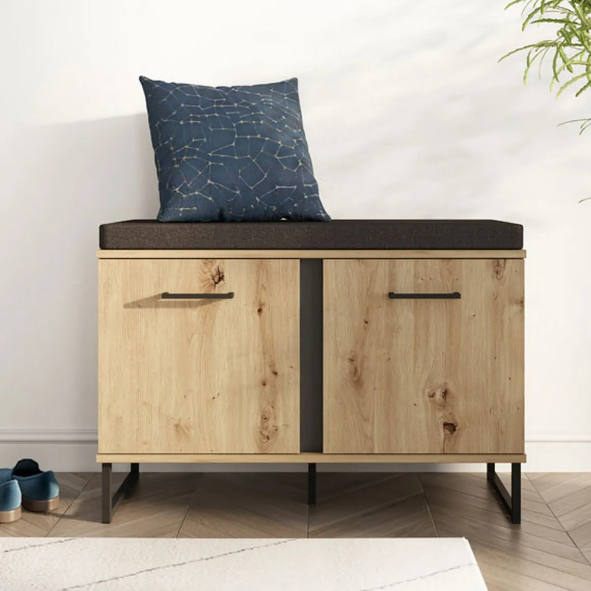 Mobile da Ingresso Marrone Rovere Nodi Nero un Ripiano 2 Ante 84.5x35x59.5h cm, 2 Vani - Roascio