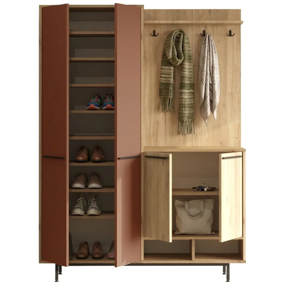 Mobili Da Ingresso > Dmora Mobile da Ingresso Marrone Terracotta Marrone Rovere Appendiabiti 12 Ripiani 147x36x196h cm, Apertura Battente - Tignale Marrone Rovere, Marrone Terracotta