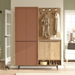 Mobili Da Ingresso > Dmora Mobile da Ingresso Marrone Terracotta Marrone Rovere Appendiabiti 12 Ripiani 147x36x196h cm, Apertura Battente - Tignale Marrone Rovere, Marrone Terracotta
