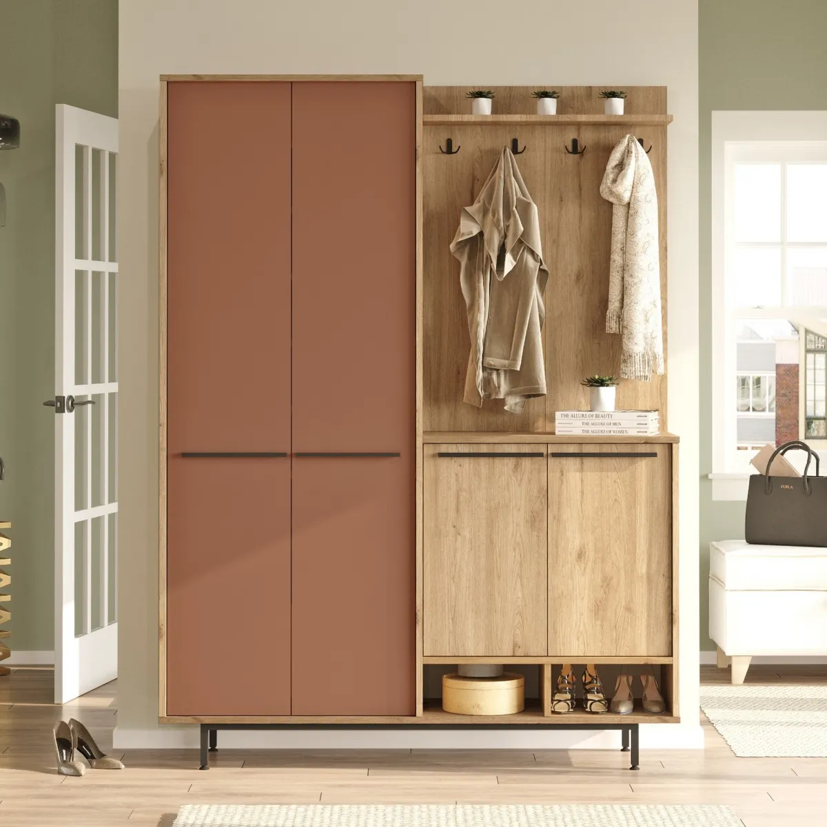 Mobili Da Ingresso > Dmora Mobile da Ingresso Marrone Terracotta Marrone Rovere Appendiabiti 12 Ripiani 147x36x196h cm, Apertura Battente - Tignale Marrone Rovere, Marrone Terracotta