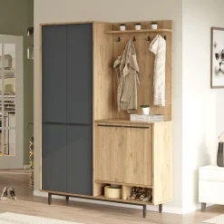 Mobile da Ingresso Nero Antracite Marrone Rovere 12 Ripiani Appendiabiti 147x36x196h cm, 4 Ante - Tignale