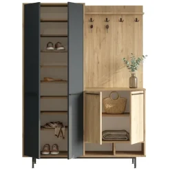 Mobile da Ingresso Nero Antracite Marrone Rovere 12 Ripiani Appendiabiti 147x36x196h cm, 4 Ante - Tignale