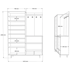 Mobile da Ingresso Nero Antracite Marrone Rovere 12 Ripiani Appendiabiti 147x36x196h cm, 4 Ante - Tignale