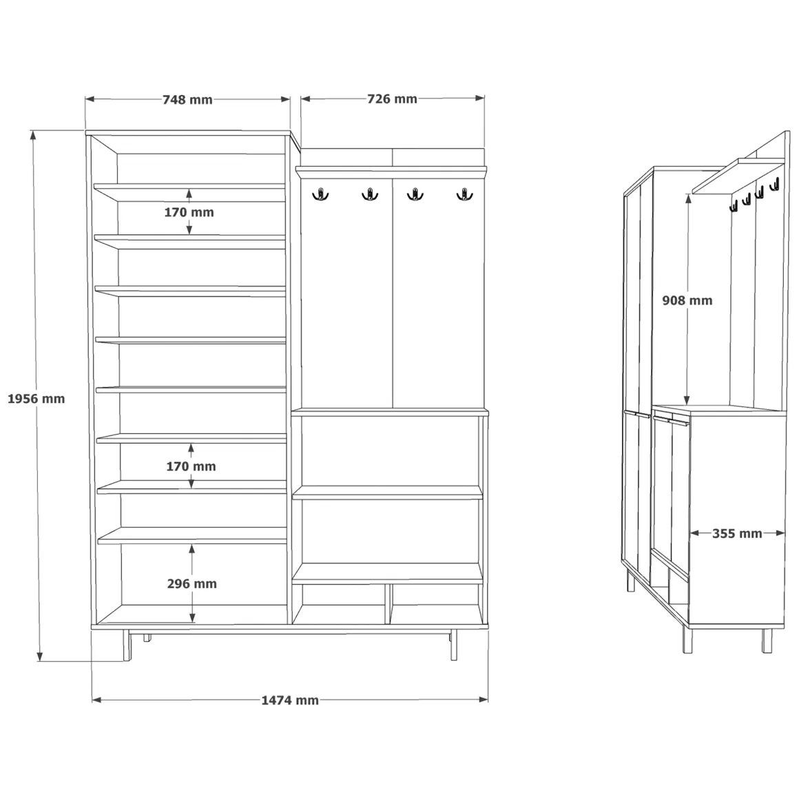 Mobile da Ingresso Nero Antracite Marrone Rovere 12 Ripiani Appendiabiti 147x36x196h cm, 4 Ante - Tignale