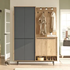 Mobile da Ingresso Nero Antracite Marrone Rovere 12 Ripiani Appendiabiti 147x36x196h cm, 4 Ante - Tignale