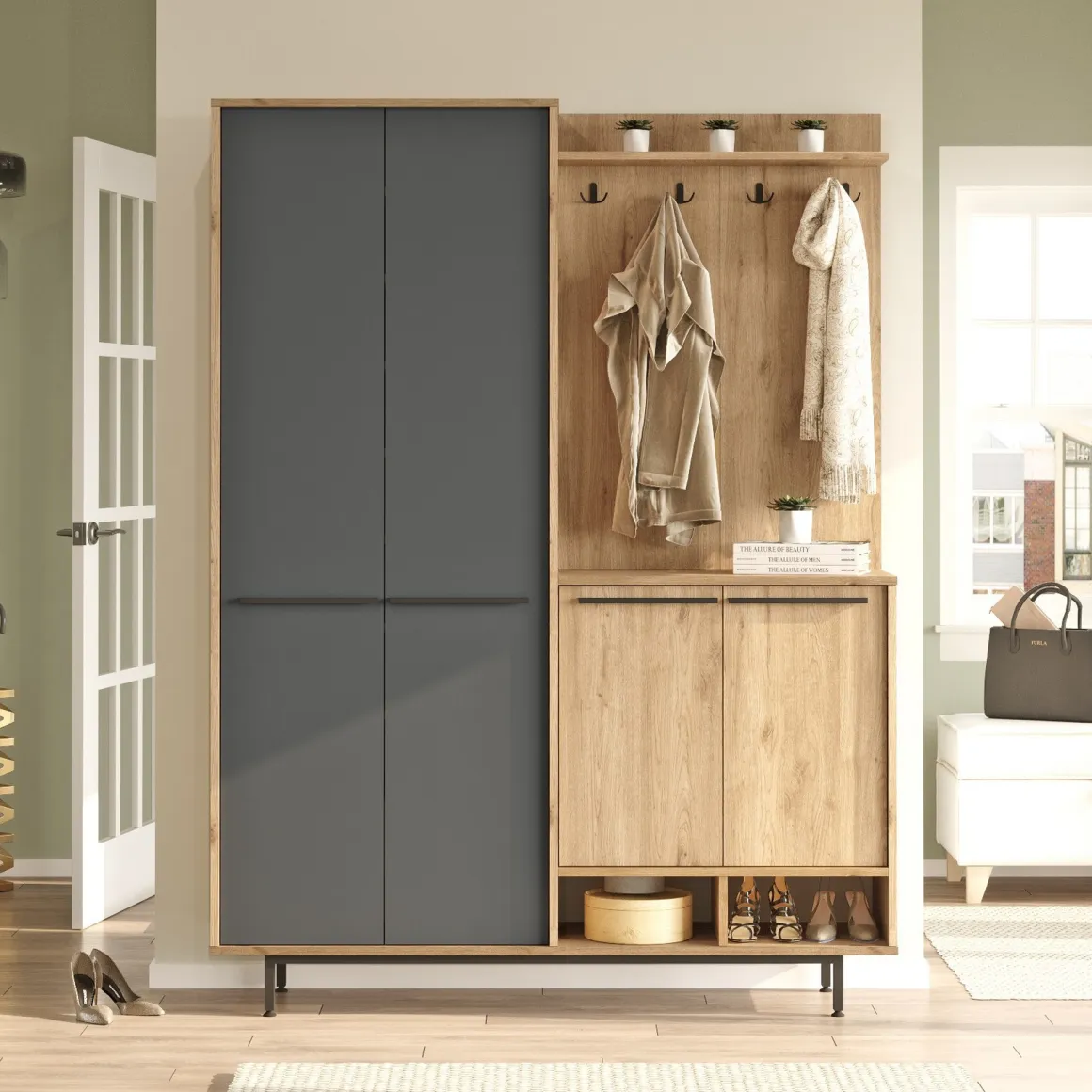 Mobile da Ingresso Nero Antracite Marrone Rovere 12 Ripiani Appendiabiti 147x36x196h cm, 4 Ante - Tignale