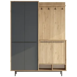 Mobile da Ingresso Nero Antracite Marrone Rovere 12 Ripiani Appendiabiti 147x36x196h cm, 4 Ante - Tignale