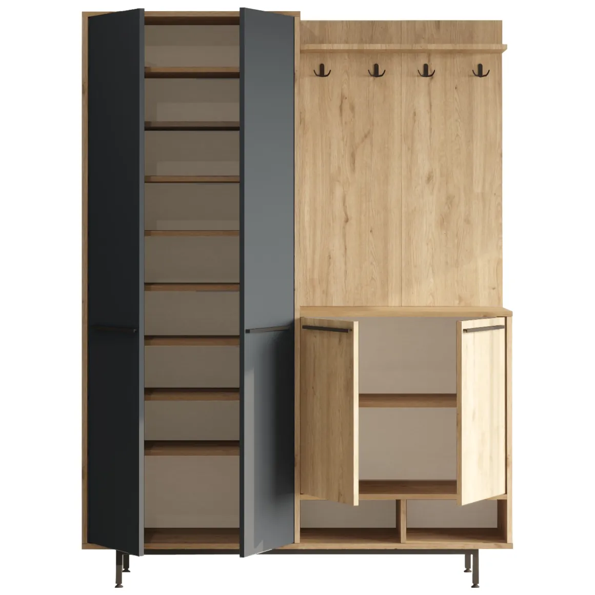 Mobile da Ingresso Nero Antracite Marrone Rovere 12 Ripiani Appendiabiti 147x36x196h cm, 4 Ante - Tignale