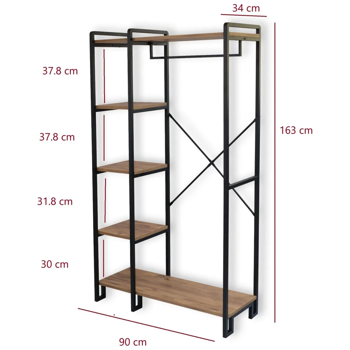 Mobile da Ingresso Nero Marrone Rovere 5 Ripiani Appendiabiti 34x163x90h cm, con Scarpiera - Casarile