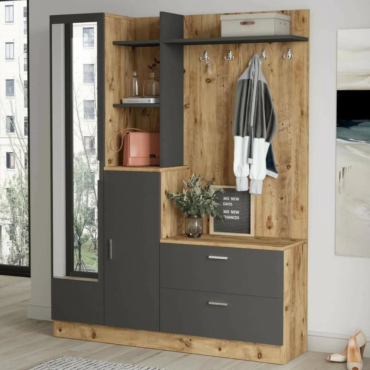 Mobili Da Ingresso|Ingresso > Dmora Mobile da ingresso porta scarpe 4 ante quercia e antracite 140x181h cm - Anumali Nero Antracite, Marrone Quercia