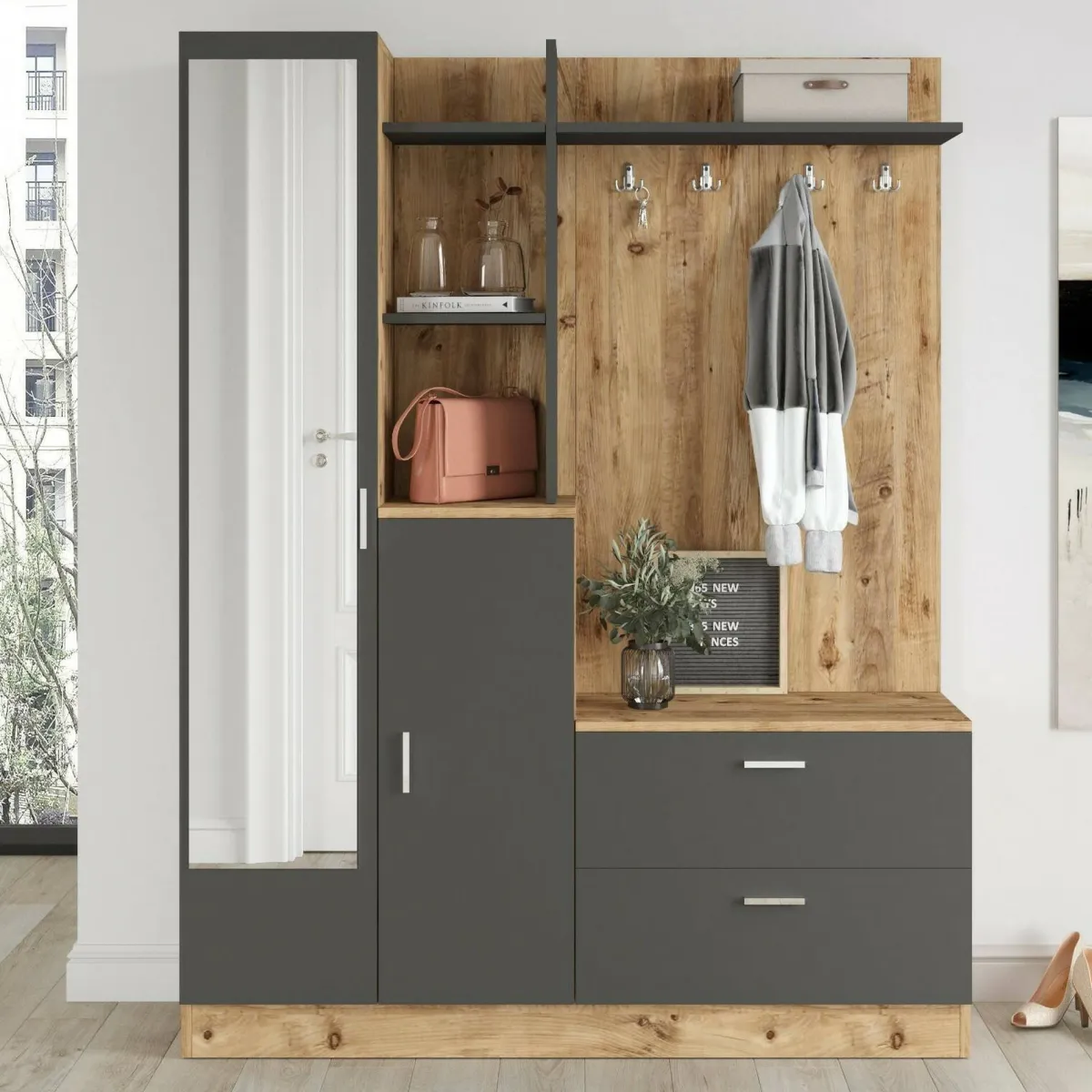 Mobili Da Ingresso|Ingresso > Dmora Mobile da ingresso porta scarpe 4 ante quercia e antracite 140x181h cm - Anumali Nero Antracite, Marrone Quercia