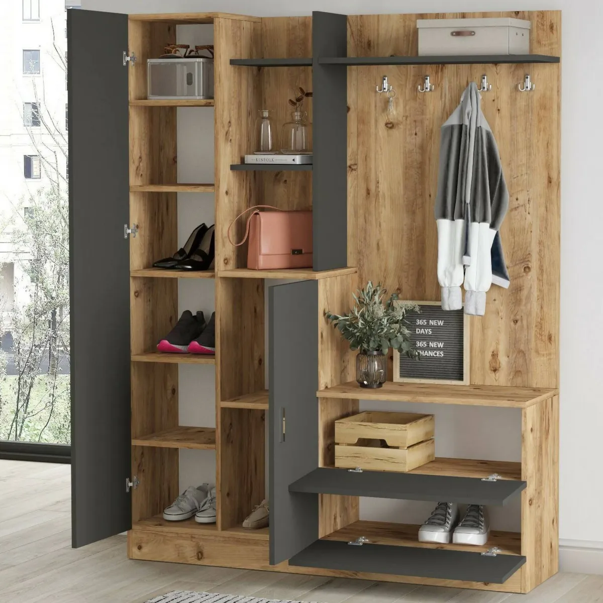 Mobili Da Ingresso|Ingresso > Dmora Mobile da ingresso porta scarpe 4 ante quercia e antracite 140x181h cm - Anumali Nero Antracite, Marrone Quercia