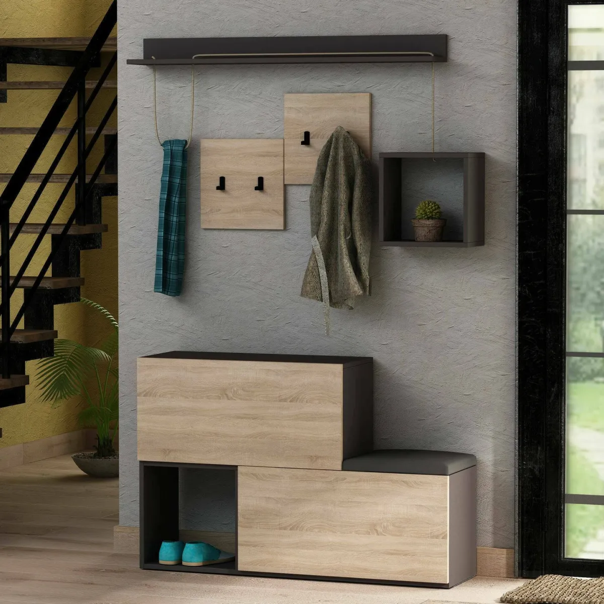 Mobili Da Ingresso|Ingresso > Dmora Mobile da ingresso sospeso 2 ante antracite e rovere 120x76h cm - Libeccio Marrone Rovere, Nero Antracite