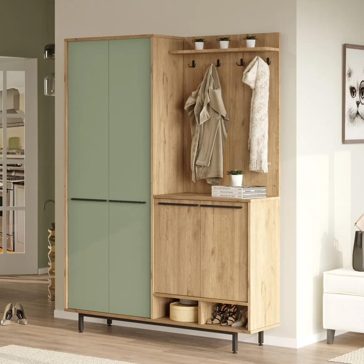 Mobile da Ingresso Verde Salvia Marrone Rovere Appendiabiti 12 Ripiani 147x36x196h cm, Apertura Battente - Tignale