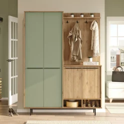 Mobile da Ingresso Verde Salvia Marrone Rovere Appendiabiti 12 Ripiani 147x36x196h cm, Apertura Battente - Tignale