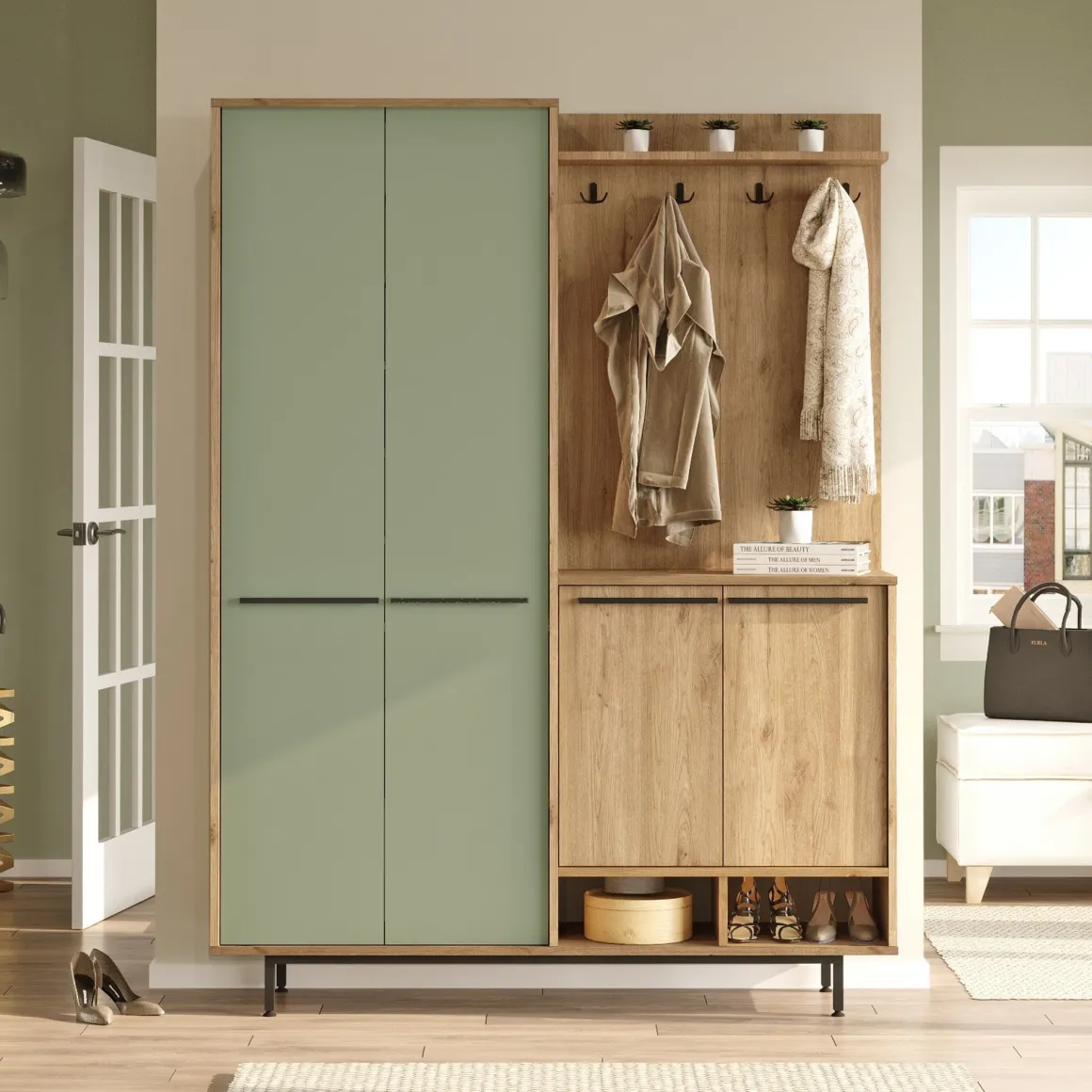 Mobile da Ingresso Verde Salvia Marrone Rovere Appendiabiti 12 Ripiani 147x36x196h cm, Apertura Battente - Tignale