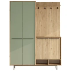 Mobile da Ingresso Verde Salvia Marrone Rovere Appendiabiti 12 Ripiani 147x36x196h cm, Apertura Battente - Tignale