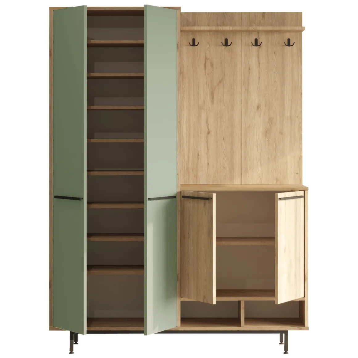 Mobile da Ingresso Verde Salvia Marrone Rovere Appendiabiti 12 Ripiani 147x36x196h cm, Apertura Battente - Tignale