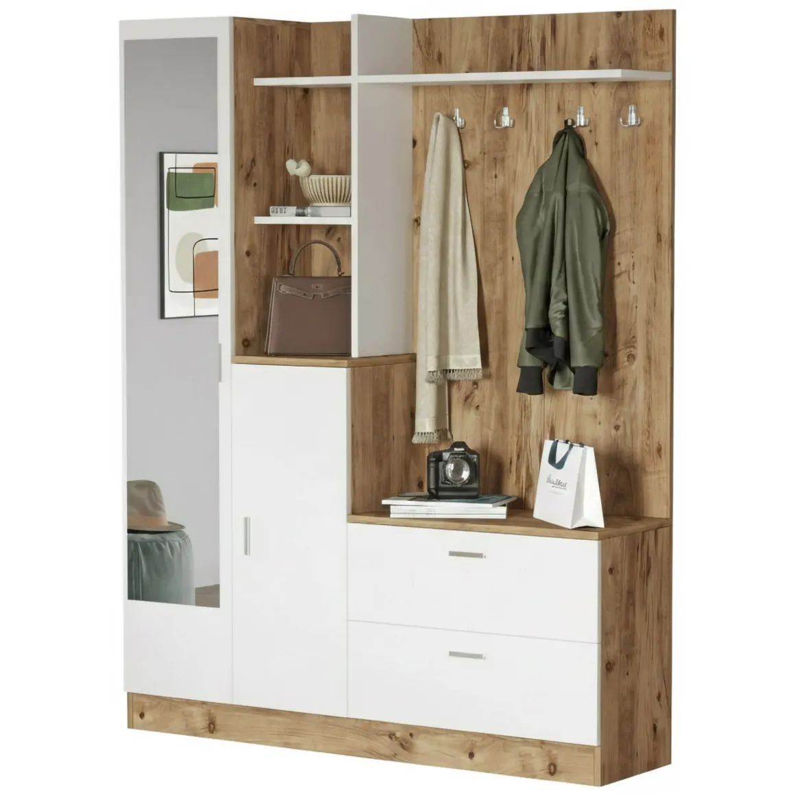 Mobile ingresso appendiabiti quercia e bianco 140x181h cm - Anumali