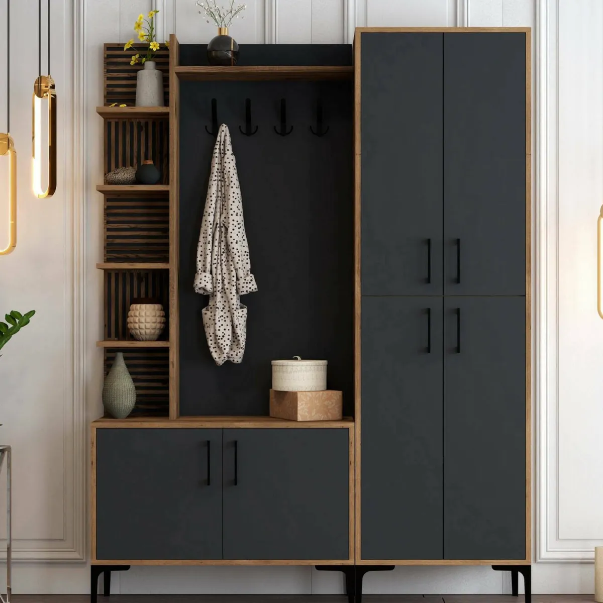 Mobili Da Ingresso > Dmora Mobile ingresso classico 4 ante noce e antracite 150x200h cm - Vivian Nero Antracite, Marrone Noce