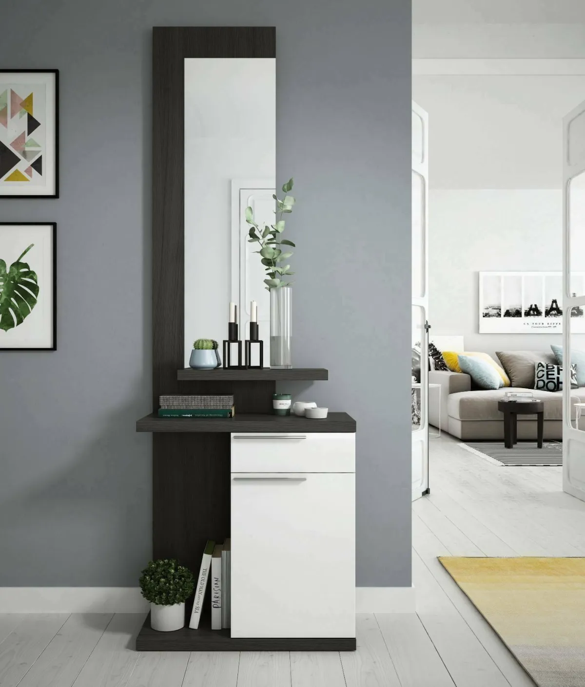 Ingresso > Dmora Mobile ingresso con cassetto bianco e grigio cenere 61x186h cm - Axell Grigio, Bianco Cenere