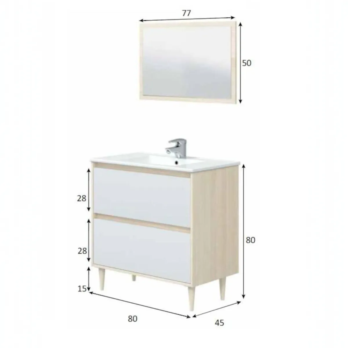 Bagno|Mobili Sottolavabo > Dmora Mobile lavabo con specchio 80x45x80h cm bianco lucido e rovere - Berillo Marrone Rovere, Bianco Lucido