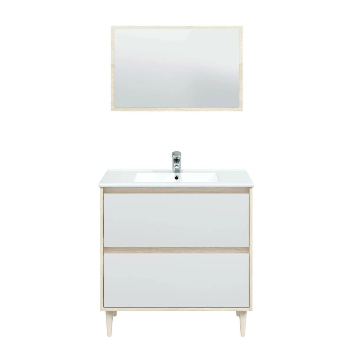 Bagno|Mobili Sottolavabo > Dmora Mobile lavabo con specchio 80x45x80h cm bianco lucido e rovere - Berillo Marrone Rovere, Bianco Lucido