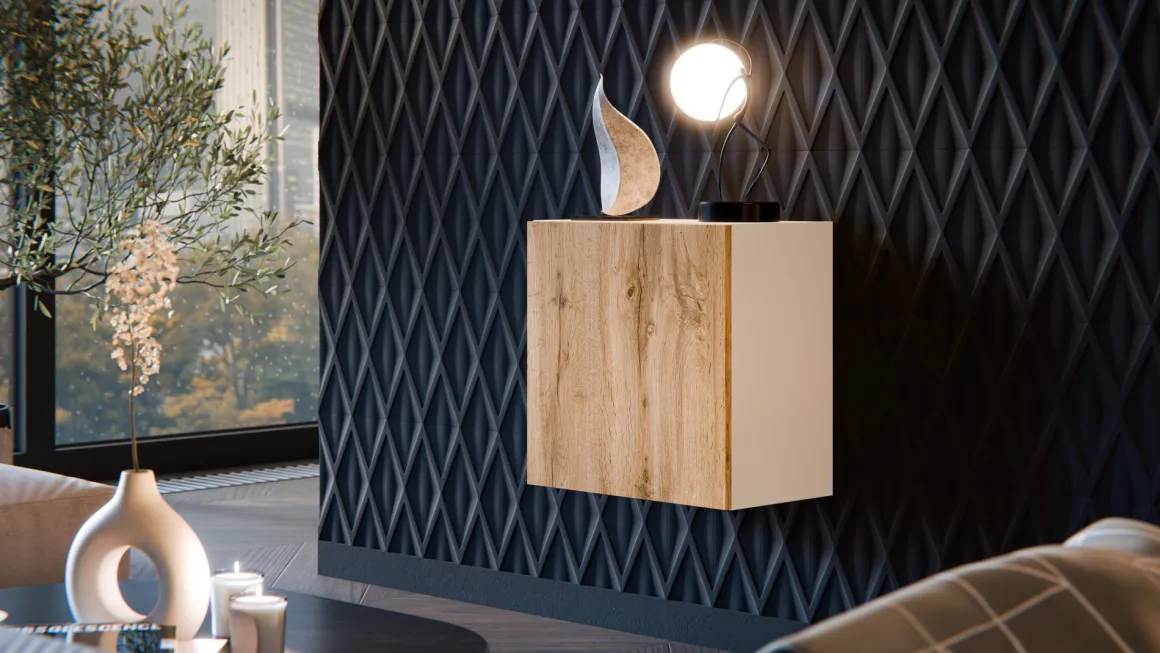 Mobile Pensile Beige Marrone Rovere un Ripiano Modulabile 49.9x50h cm, 2 Vani - Sparone