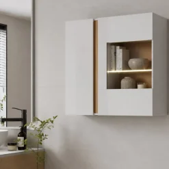 Mobile Pensile Bianco Marrone Rovere 2 Ripiani 2 Ante 96x83h cm, con led - Kava