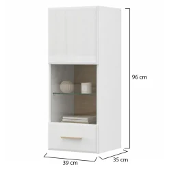 Mobile Pensile Bianco Opaco Marrone Rovere 2 Ripiani Un'anta 39x96h cm, Anta e Ripiano Dettaglio Vetro - Gonnes