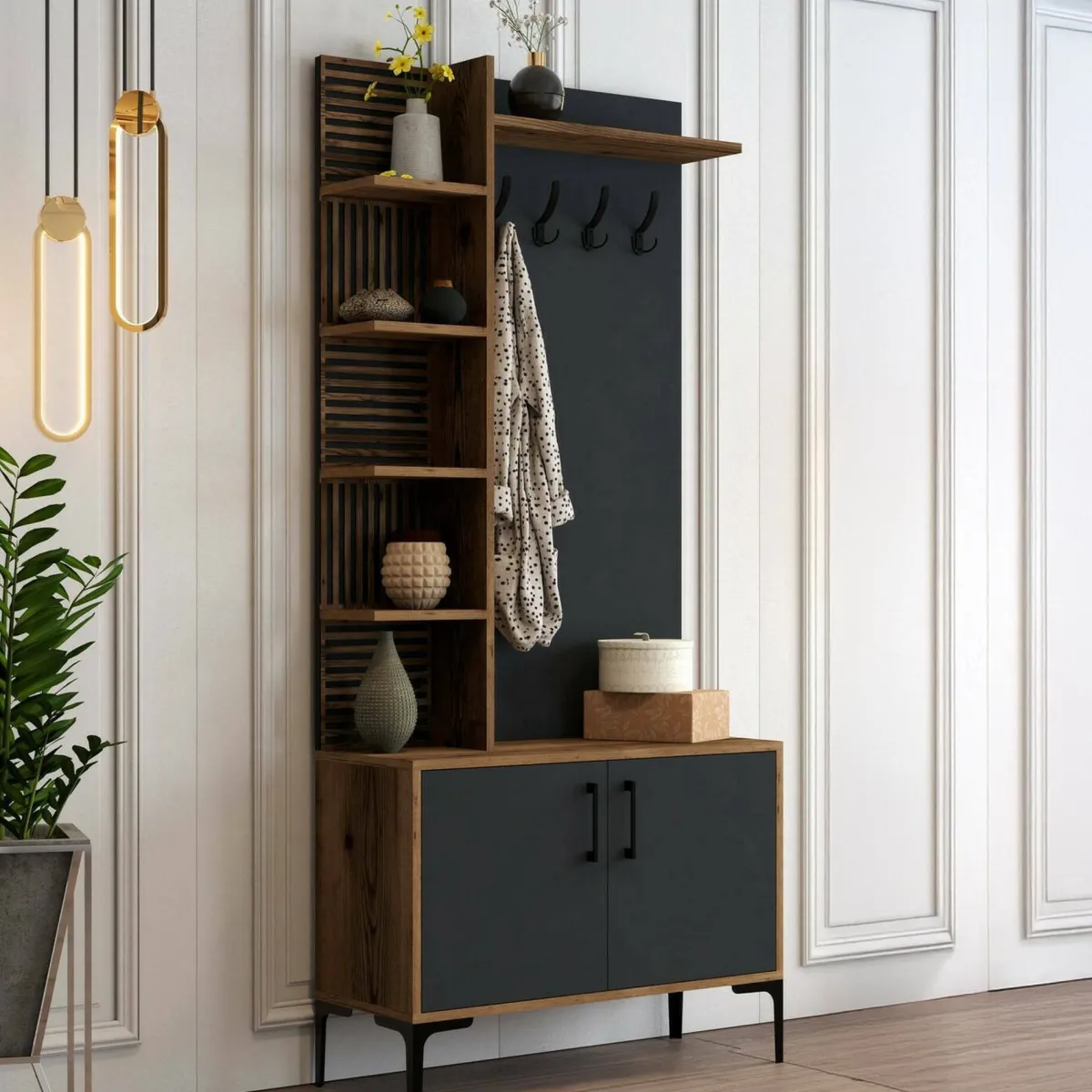 Mobili Da Ingresso|Ingresso > Dmora Mobile per ingresso 2 ante legno e metallo noce e antracite 90x200h cm - Anja Nero Antracite, Marrone Noce
