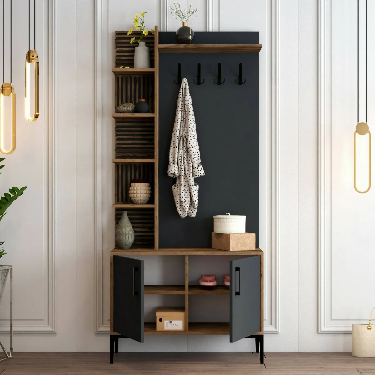 Mobili Da Ingresso|Ingresso > Dmora Mobile per ingresso 2 ante legno e metallo noce e antracite 90x200h cm - Anja Nero Antracite, Marrone Noce