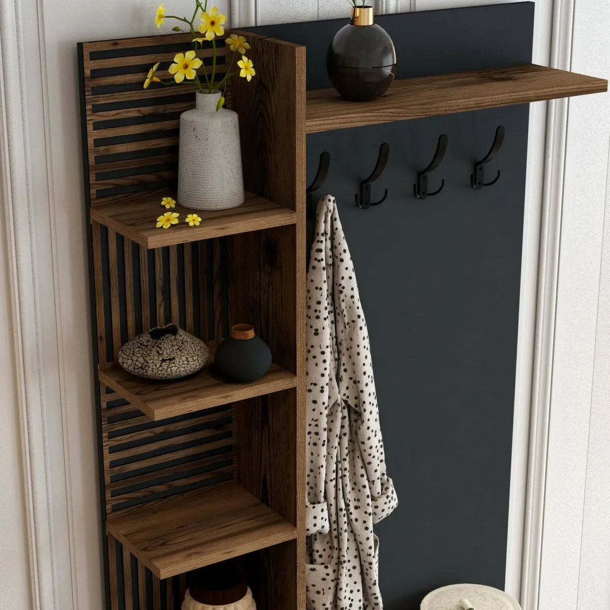 Mobili Da Ingresso|Ingresso > Dmora Mobile per ingresso 2 ante legno e metallo noce e antracite 90x200h cm - Anja Nero Antracite, Marrone Noce