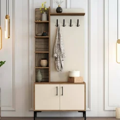Mobili Da Ingresso > Dmora Mobile per ingresso da parete 2 ante noce e crema 90x200h cm - Loredana Bianco Crema, Marrone Noce