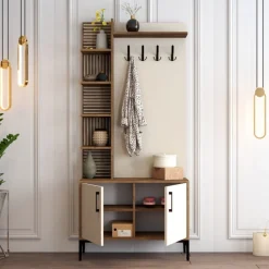 Mobili Da Ingresso > Dmora Mobile per ingresso da parete 2 ante noce e crema 90x200h cm - Loredana Bianco Crema, Marrone Noce