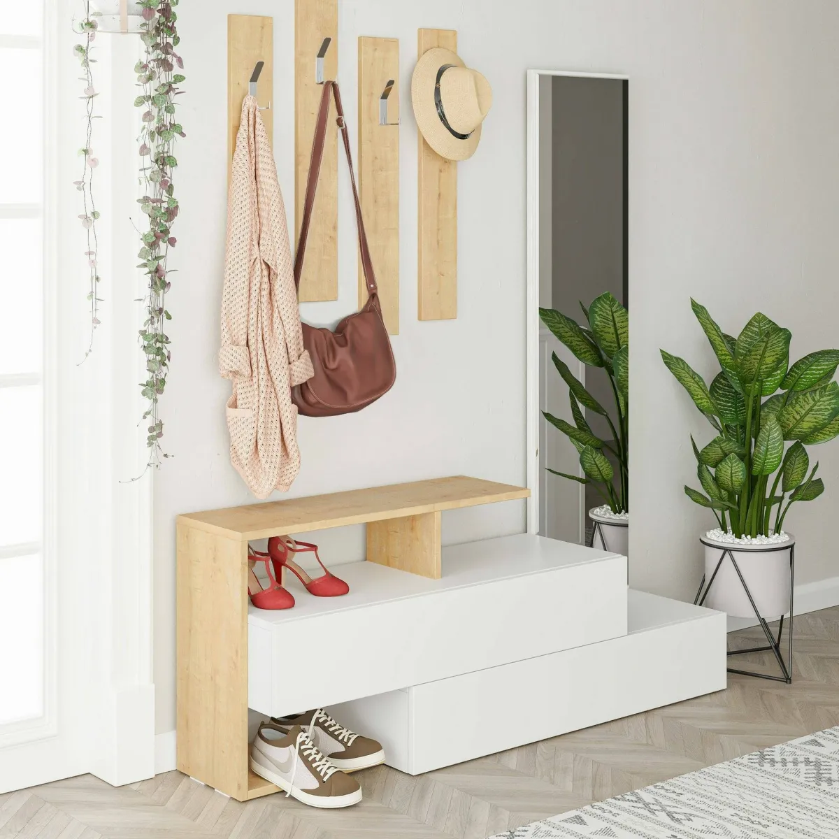 Mobili Da Ingresso|Ingresso > Dmora Mobile per ingresso sospeso 2 ante bianco e rovere 137x54h cm - Ascari Marrone, Bianco Rovere