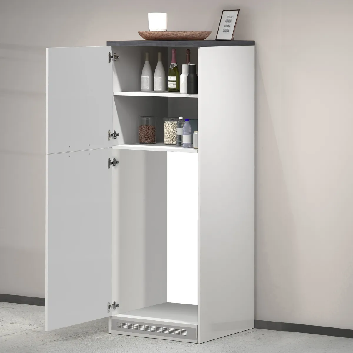 Cucina|Mobili Dispensa > Dmora Mobile portafrigo 2 ante 60x165h cm bianco lucido e ardesia - Mesarthim Grigio Ardesia, Bianco Lucido