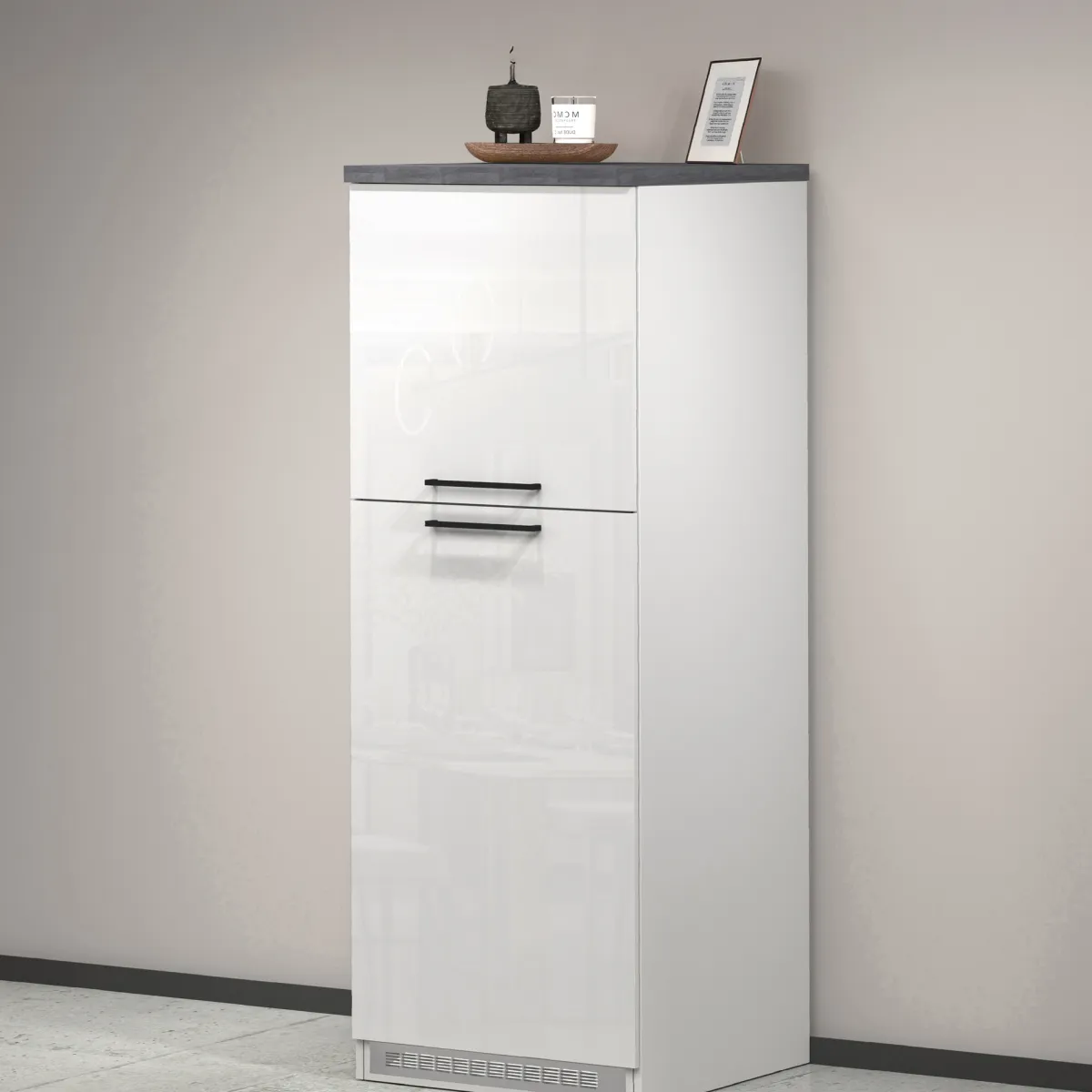 Cucina|Mobili Dispensa > Dmora Mobile portafrigo 2 ante 60x165h cm bianco lucido e ardesia - Mesarthim Grigio Ardesia, Bianco Lucido