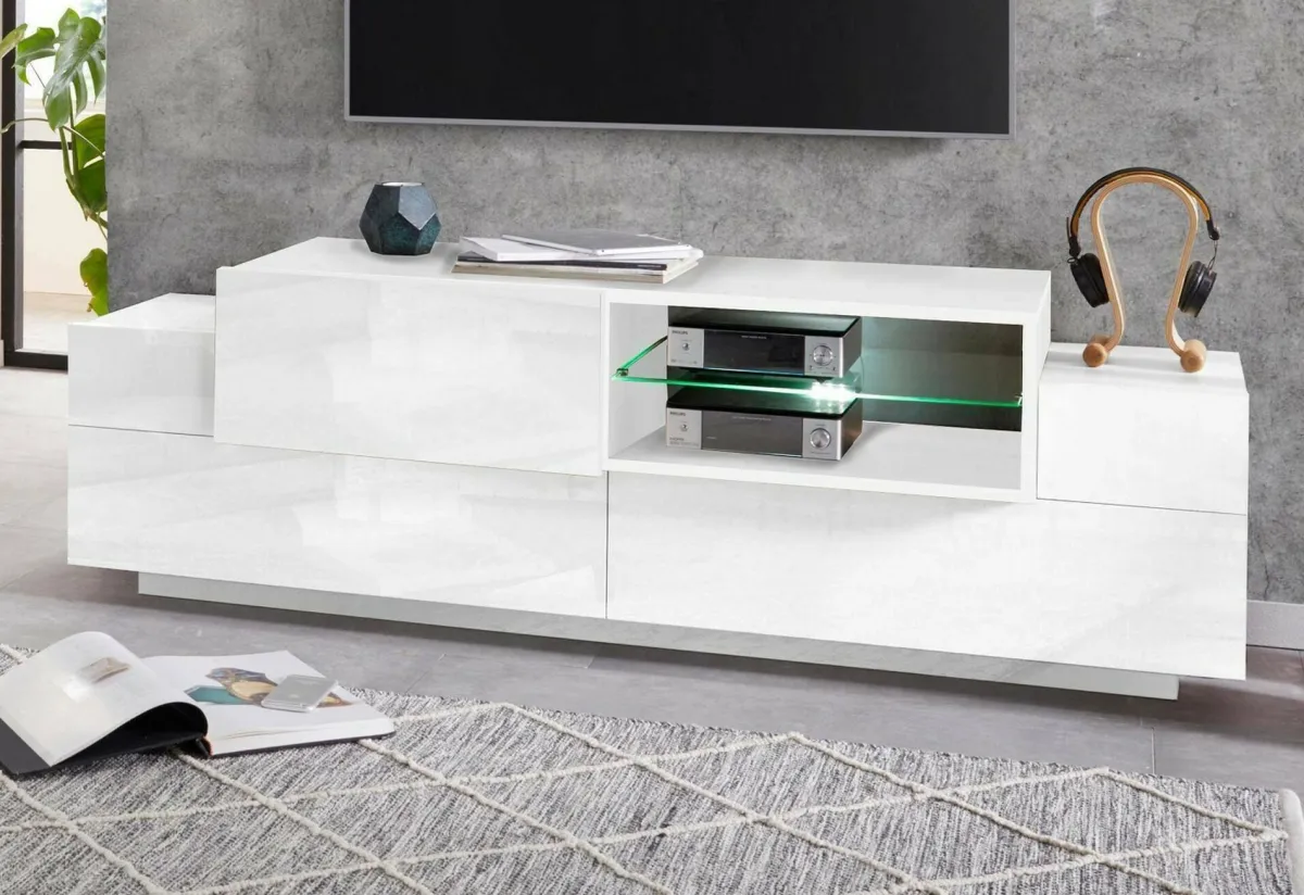 Salotto > Dmora Mobile porta TV Andris, cm 160x45h51, Bianco Lucido