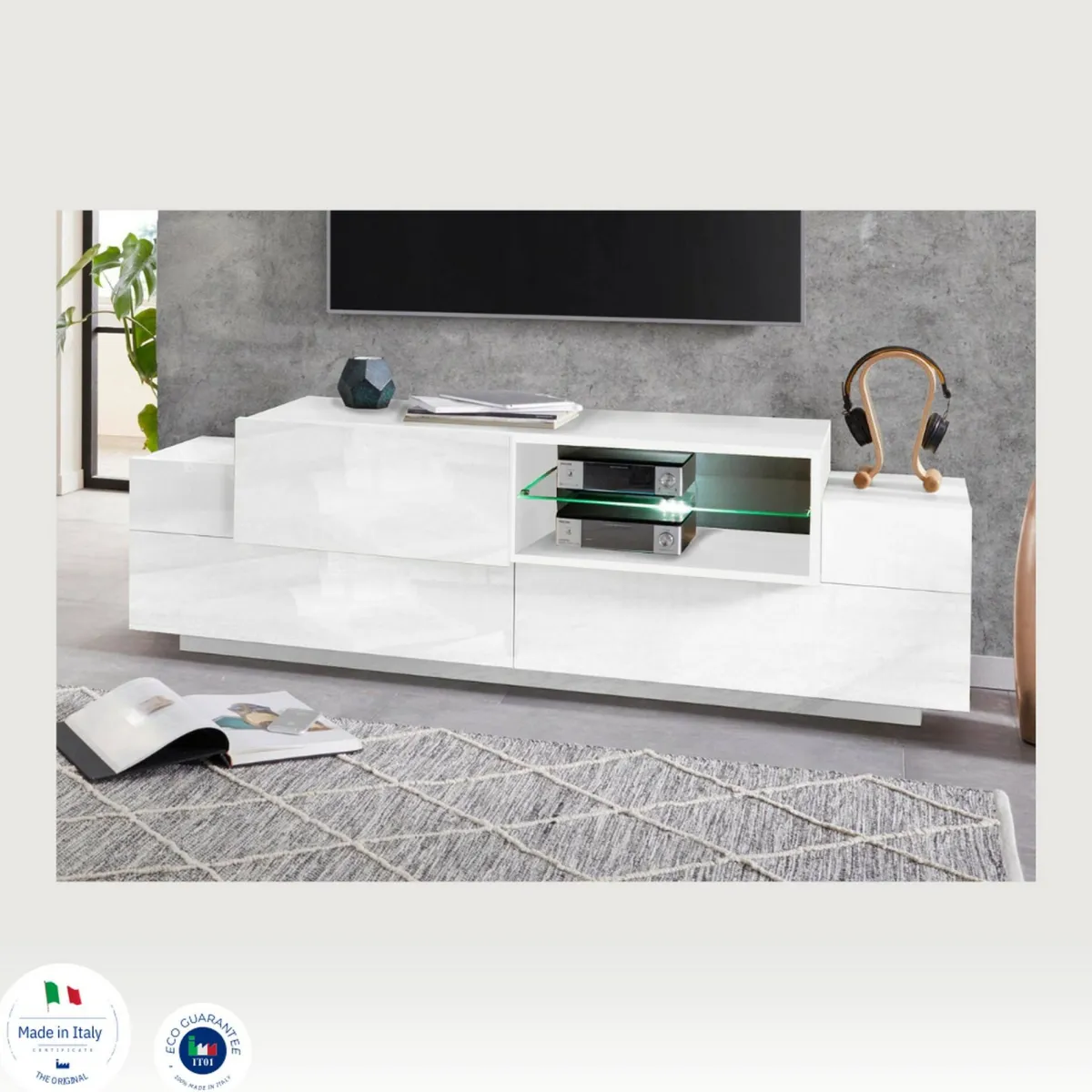 Salotto > Dmora Mobile porta TV Andris, cm 160x45h51, Bianco Lucido
