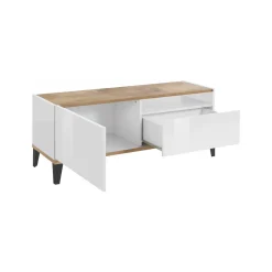 Mobile porta TV Atris, cm 120x40h47, Bianco lucido e Acero