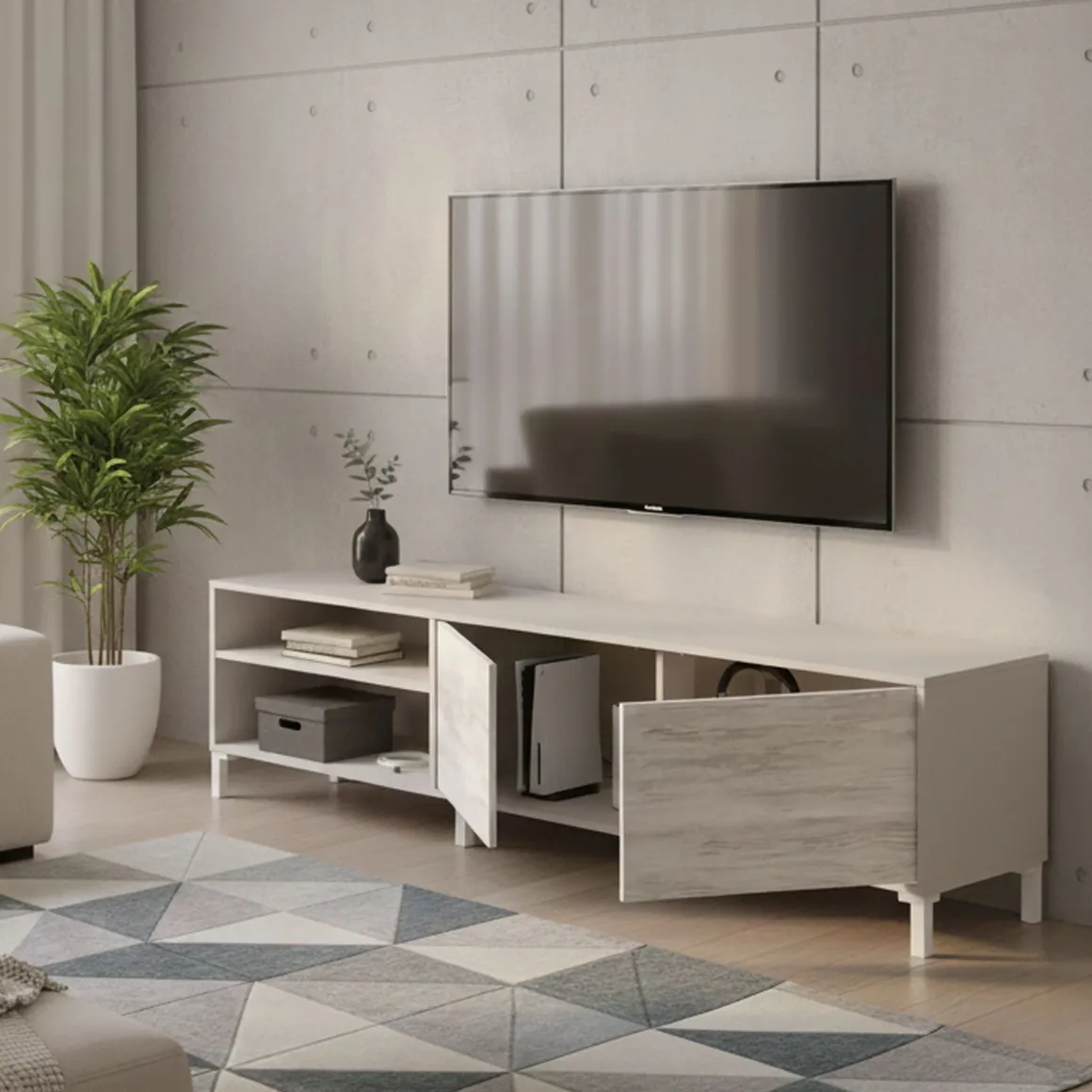 Mobile Porta tv Beige Bianco Anticato Cassetti un Ripiano 180x40x47h cm, 2 Ante - Nociglia