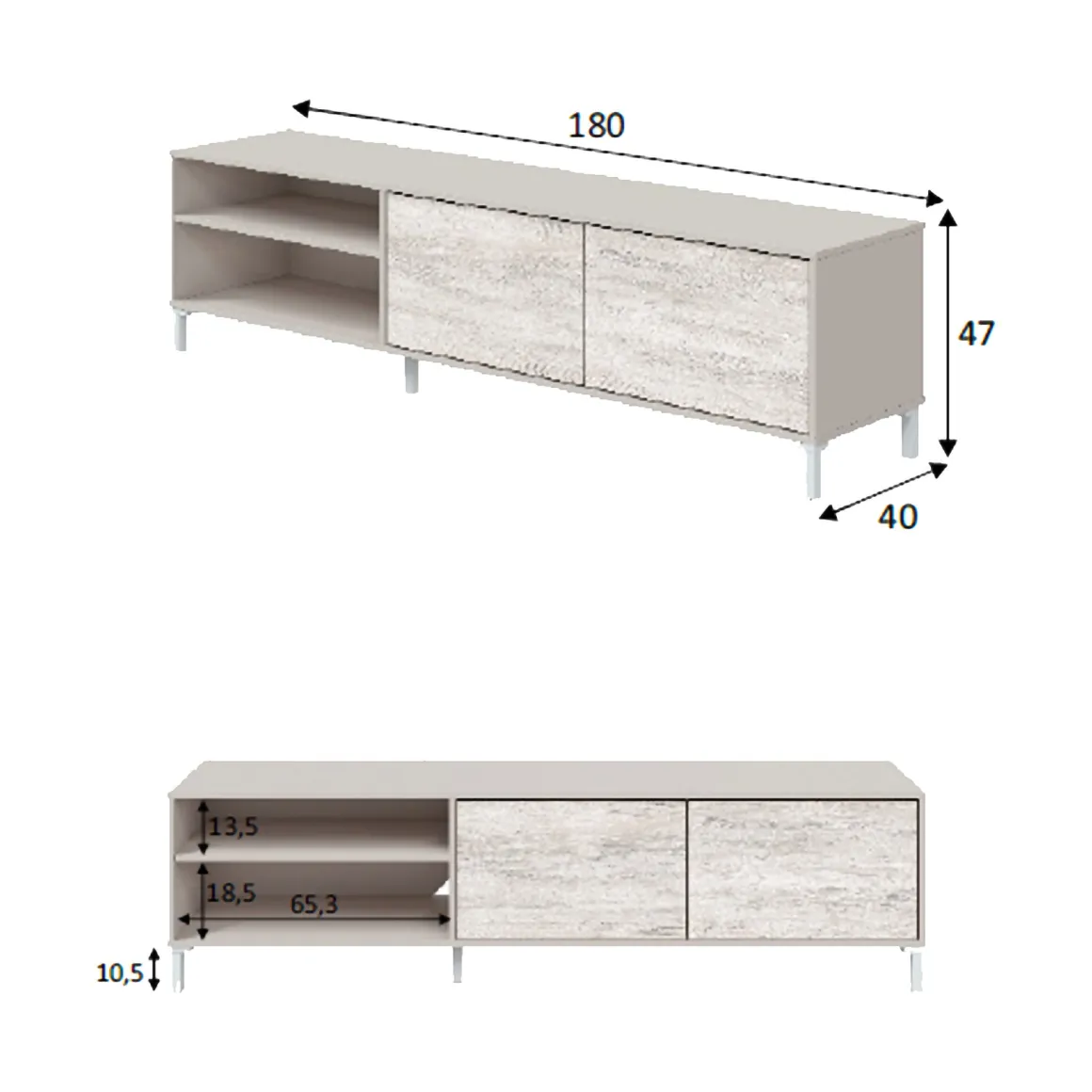 Mobile Porta tv Beige Bianco Anticato Cassetti un Ripiano 180x40x47h cm, 2 Ante - Nociglia