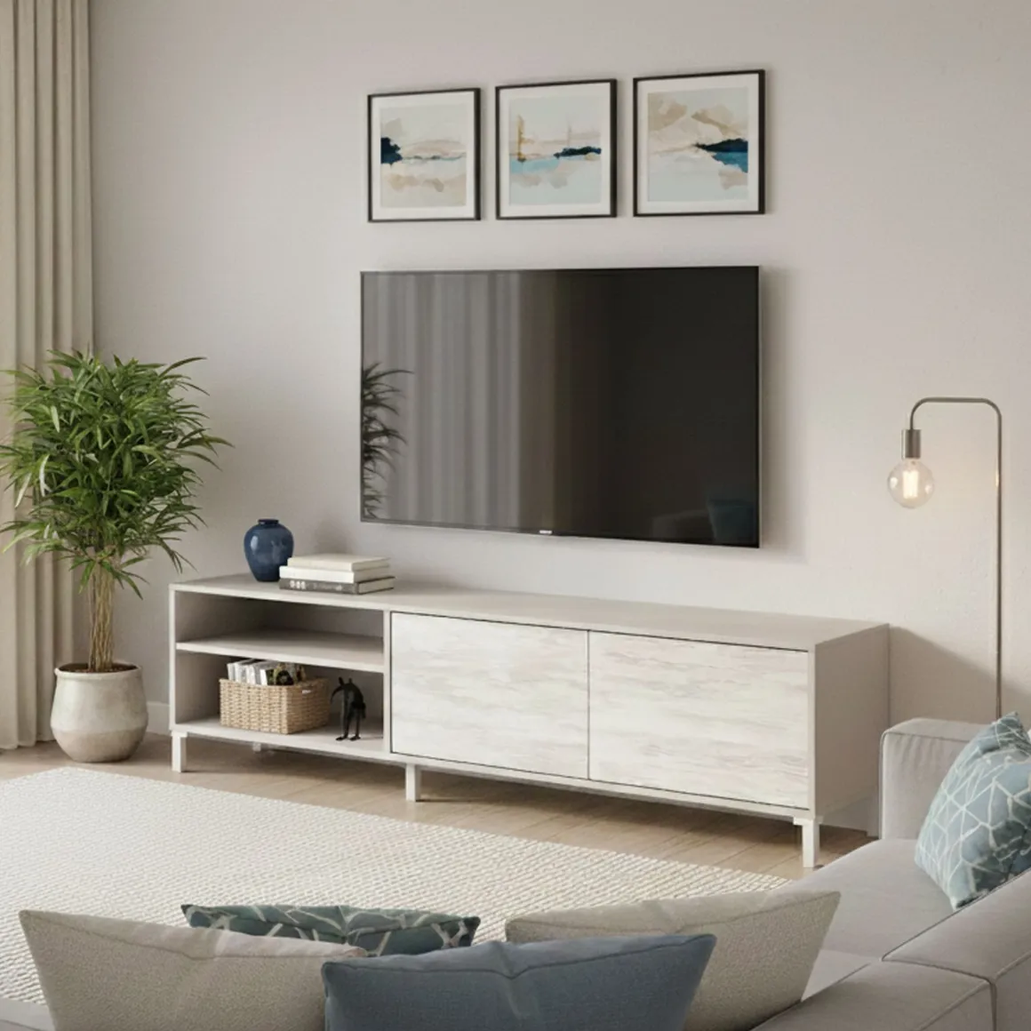 Mobile Porta tv Beige Bianco Anticato Cassetti un Ripiano 180x40x47h cm, 2 Ante - Nociglia
