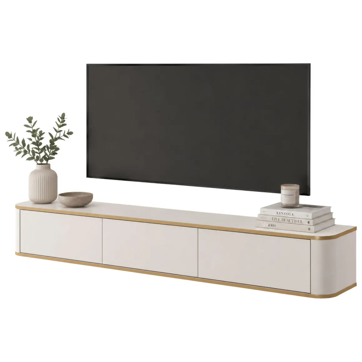 Mobile Porta tv Beige Cashmere oro 3 Cassetti un Ripiano 200x34x28h cm, 3 Vani - Kahate