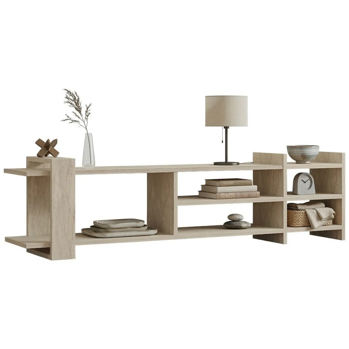 Mobili Porta Tv > Dmora Mobile Porta tv Beige Marmo Beige Marmo 2 Ripiani 5 Vani 156x30x40h cm, Peso Supportato 40 kg - Zubiena Beige Marmo, Beige Marmo