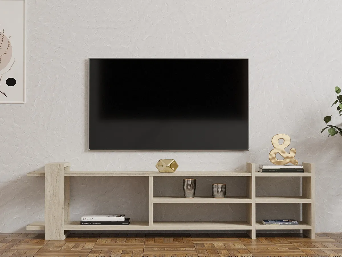Mobili Porta Tv > Dmora Mobile Porta tv Beige Marmo Beige Marmo 2 Ripiani 5 Vani 156x30x40h cm, Peso Supportato 40 kg - Zubiena Beige Marmo, Beige Marmo