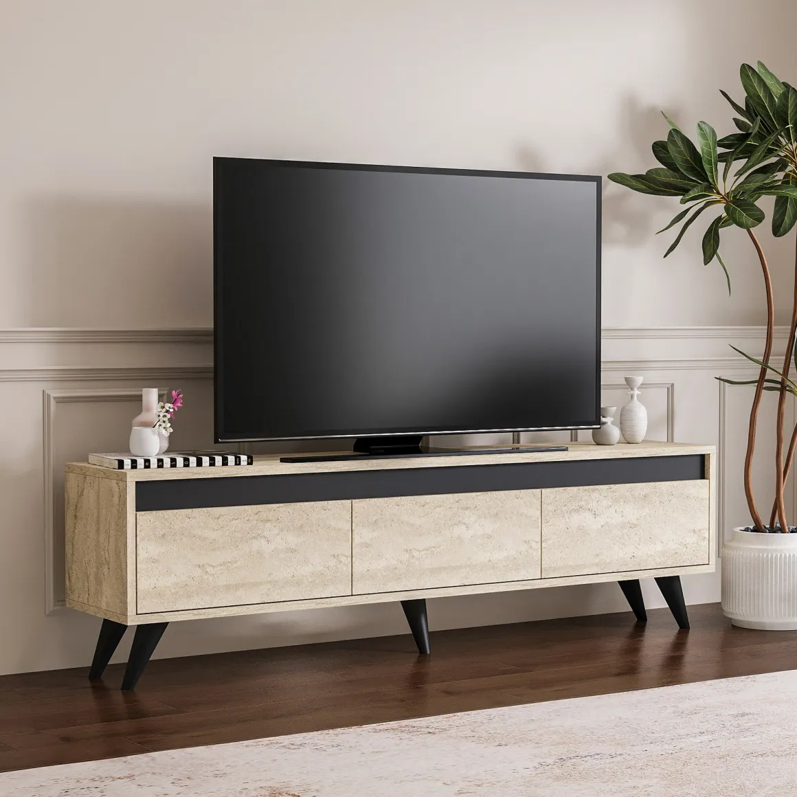 Mobile Porta tv Beige Marmo Nero Antracite 3 Ante Apertura a Ribalta 150x30x45h cm, 3 Vani - Reatino